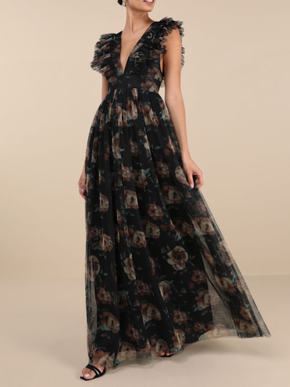 Lulus Simply Delighted Black Floral Mesh Ruffled Backless Maxi Dress - Size L